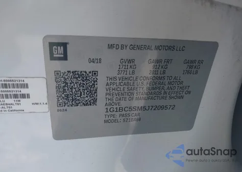 2018 Chevrolet Cruze Ls Auto из США, поврежденный, VIN 1G1BC5SM5J7209572